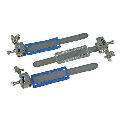Three metal clamps with blue and gray components on a white background